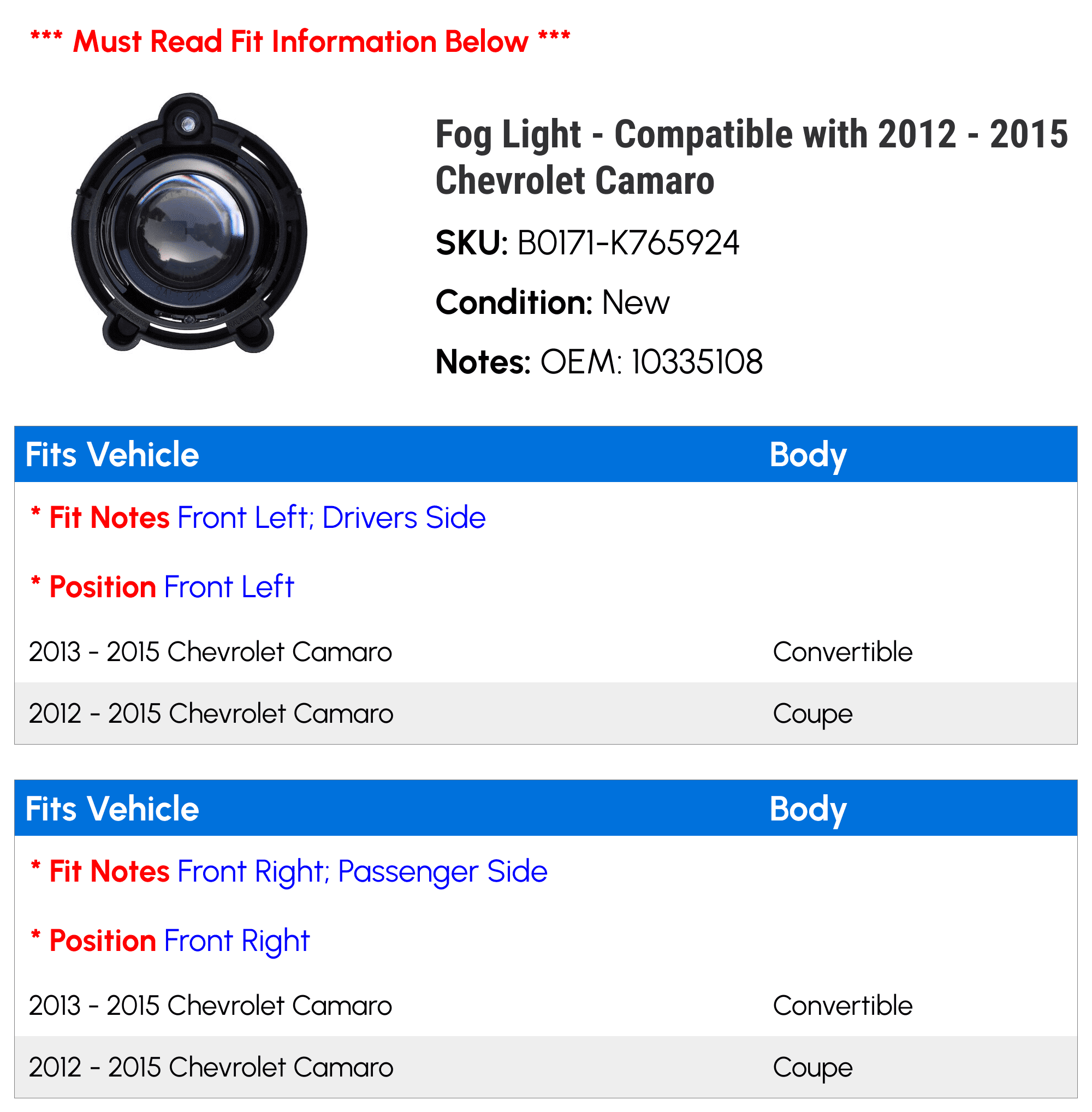 Fog Light - Compatible with 2012 - 2015 Chevy Camaro 2013 2014