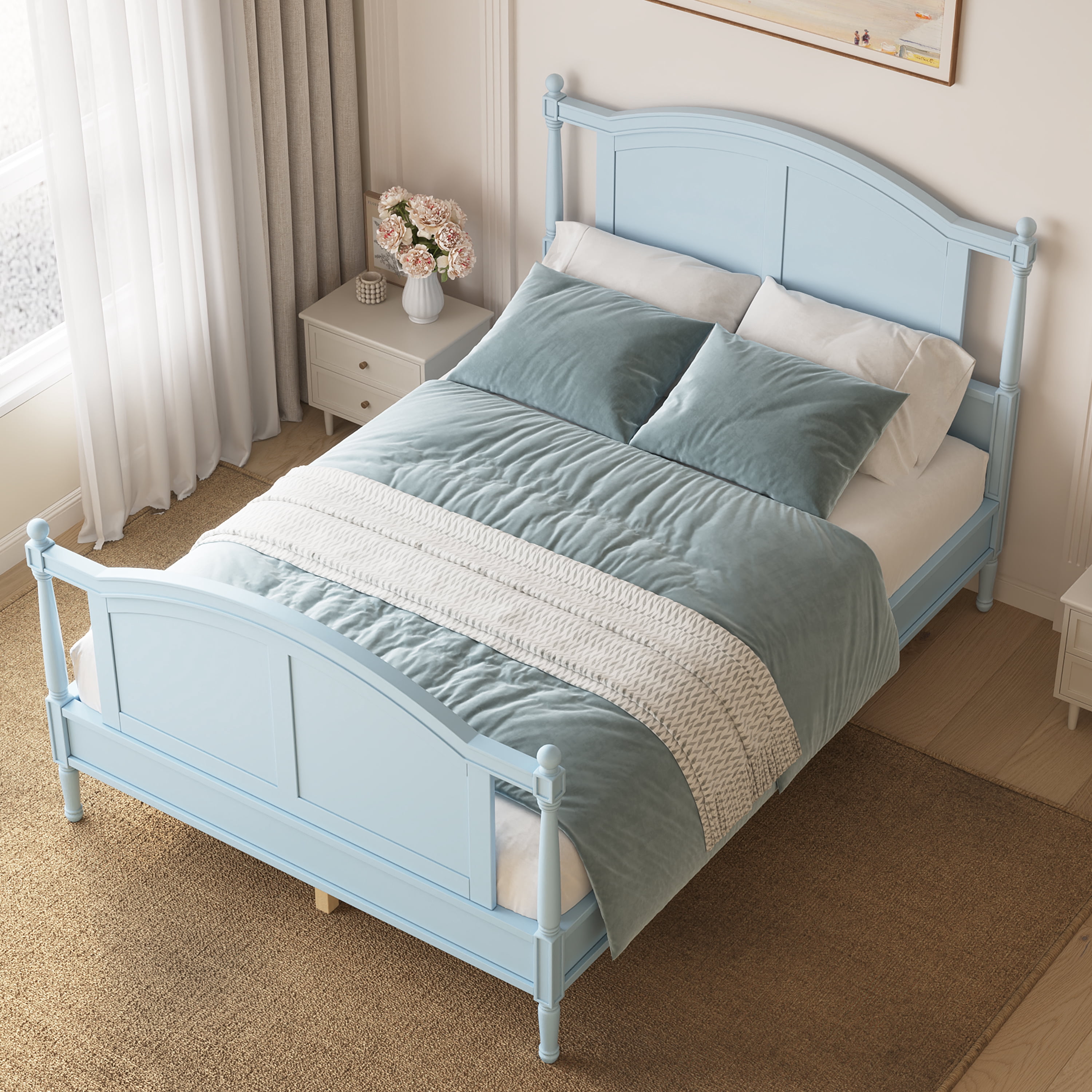 Mintazer Full Size Farmhouse Platform Bed Frame with Arched Panel Headboard & Footboard, Cottage Panel Bed Frame with Spindle Posts & Slat Support for Bedroom Guest Room, Light Blue