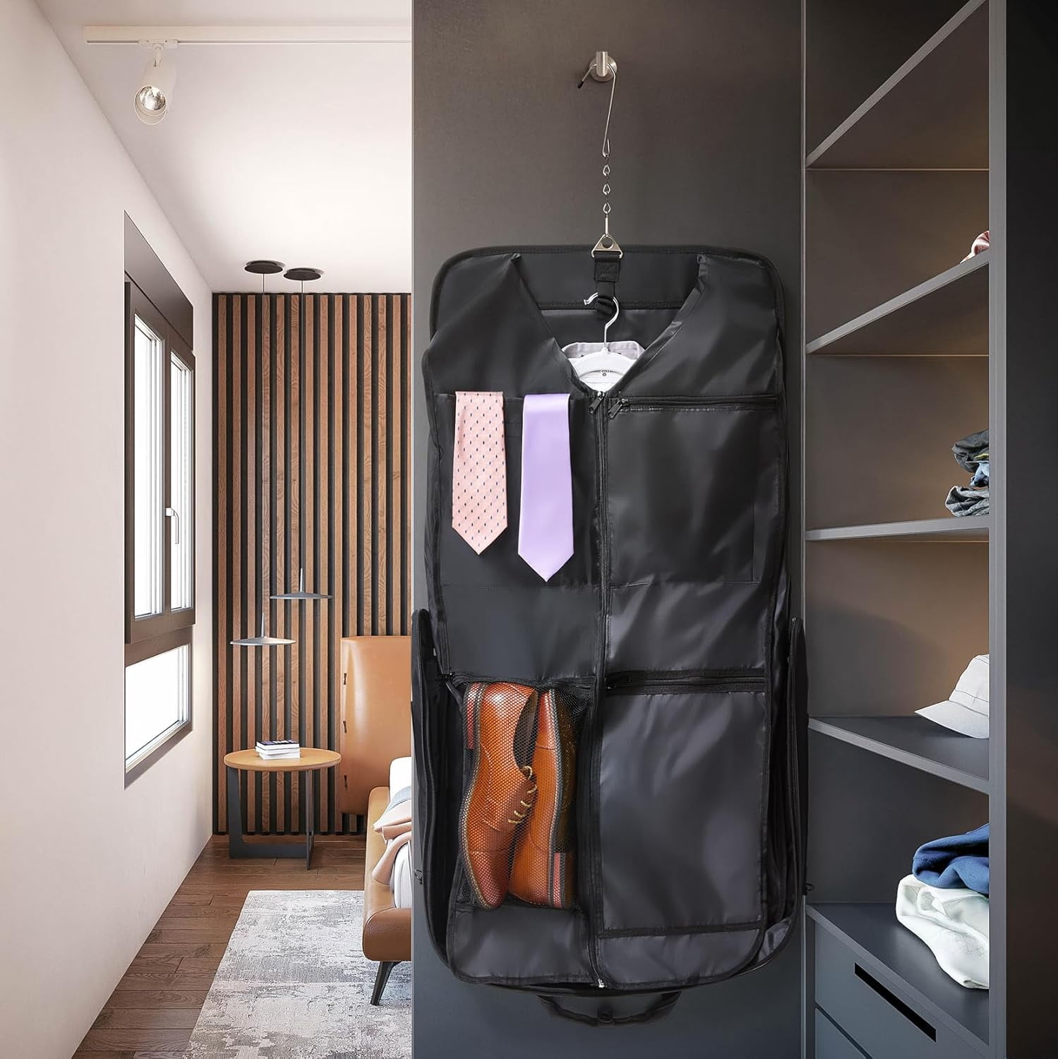 ZEGUR 40-Inch 3 Suit Carry On Garment Bag for Travel or Business Trips - Features an Adjustable Shoulder Strap and Multiple Organization Pockets - Black