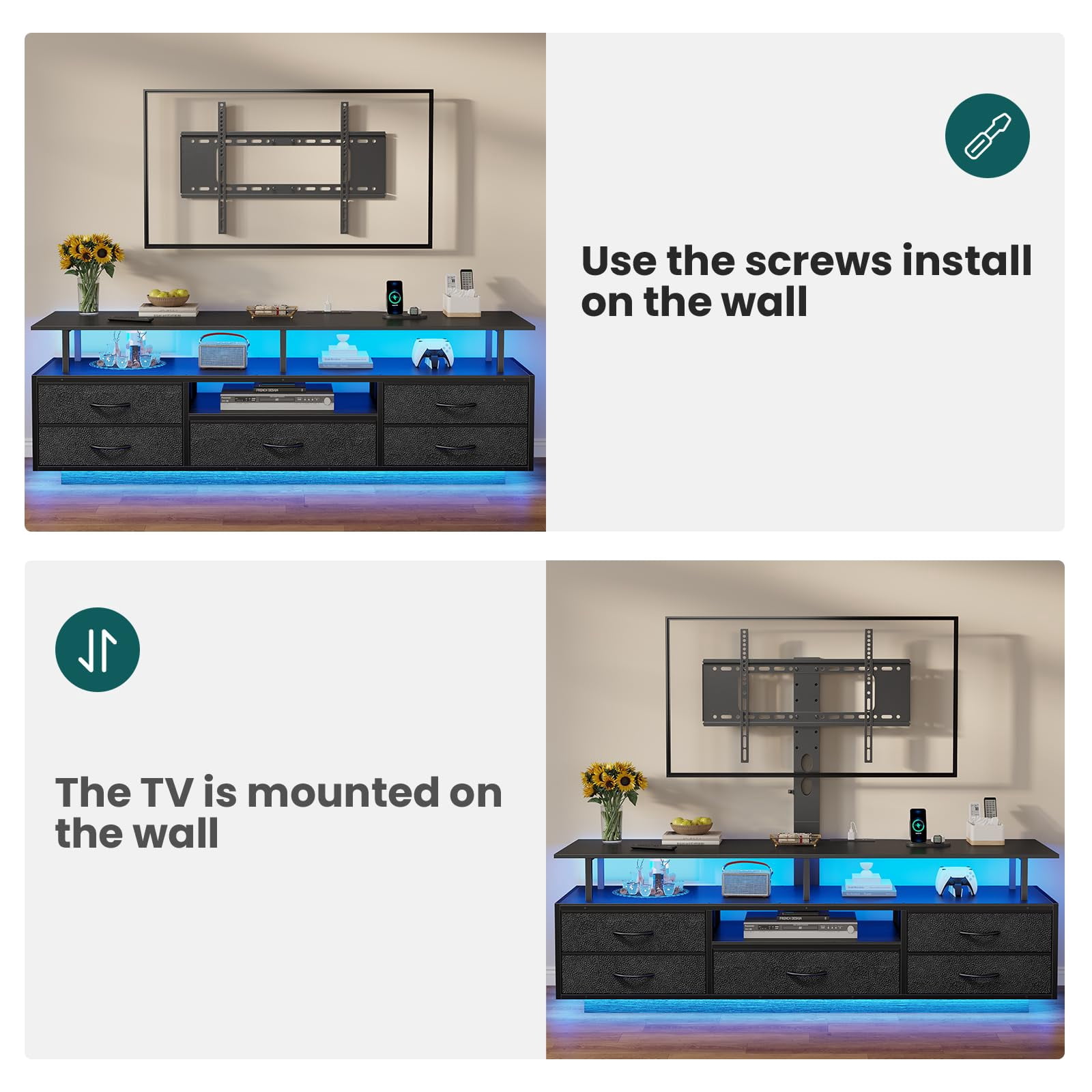 Afuhokles TV Stand with Mount for 32/55/65/70 inch TVs with Power Outlets and Storage, Entertainment Center with Storage for Living Room, Black
