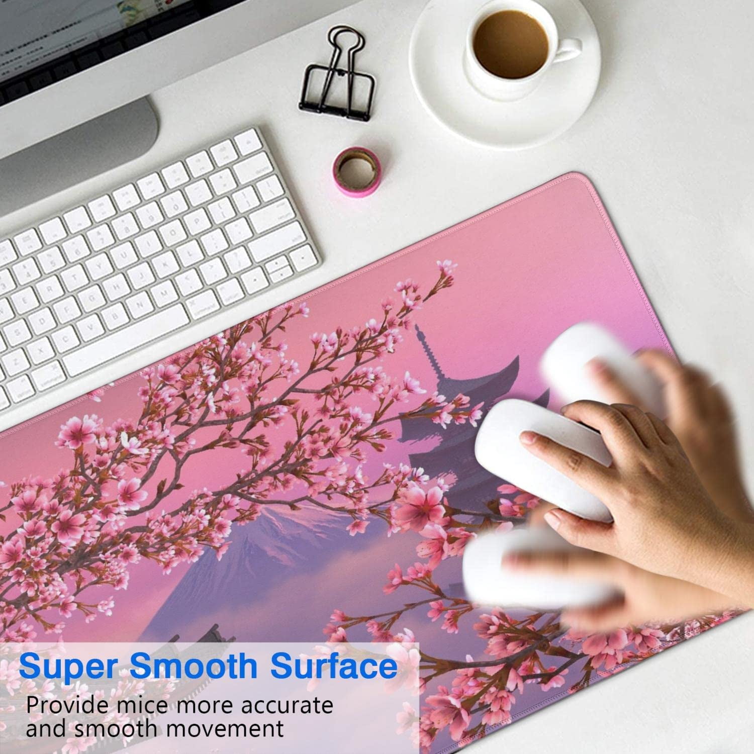 Gaming Mouse Pad, Desk Pad with Non-Slip Base Extended Large Mouse Pad XXL Keyboard Mouse Pad Desk Mat On Top of Desks for Work, Game, Office, Home - Pink Japanese Cherry Blossom (35.4x15.7 in)