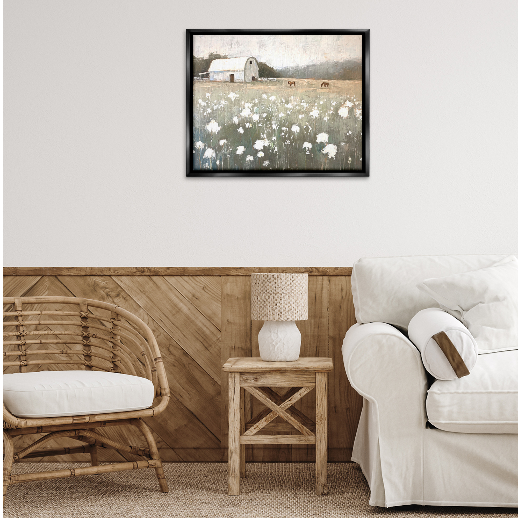 Stupell Industries Peaceful Horse Pasture Landscape Painting Black Floater Framed Canvas Art Print Wall Art, 31 x 25