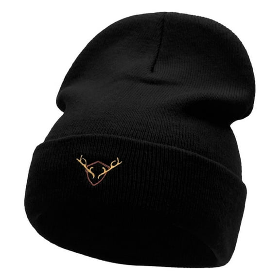 Deer Antler Insignia Embroidered 12 Inch Long Knitted Beanie - Black OSFM