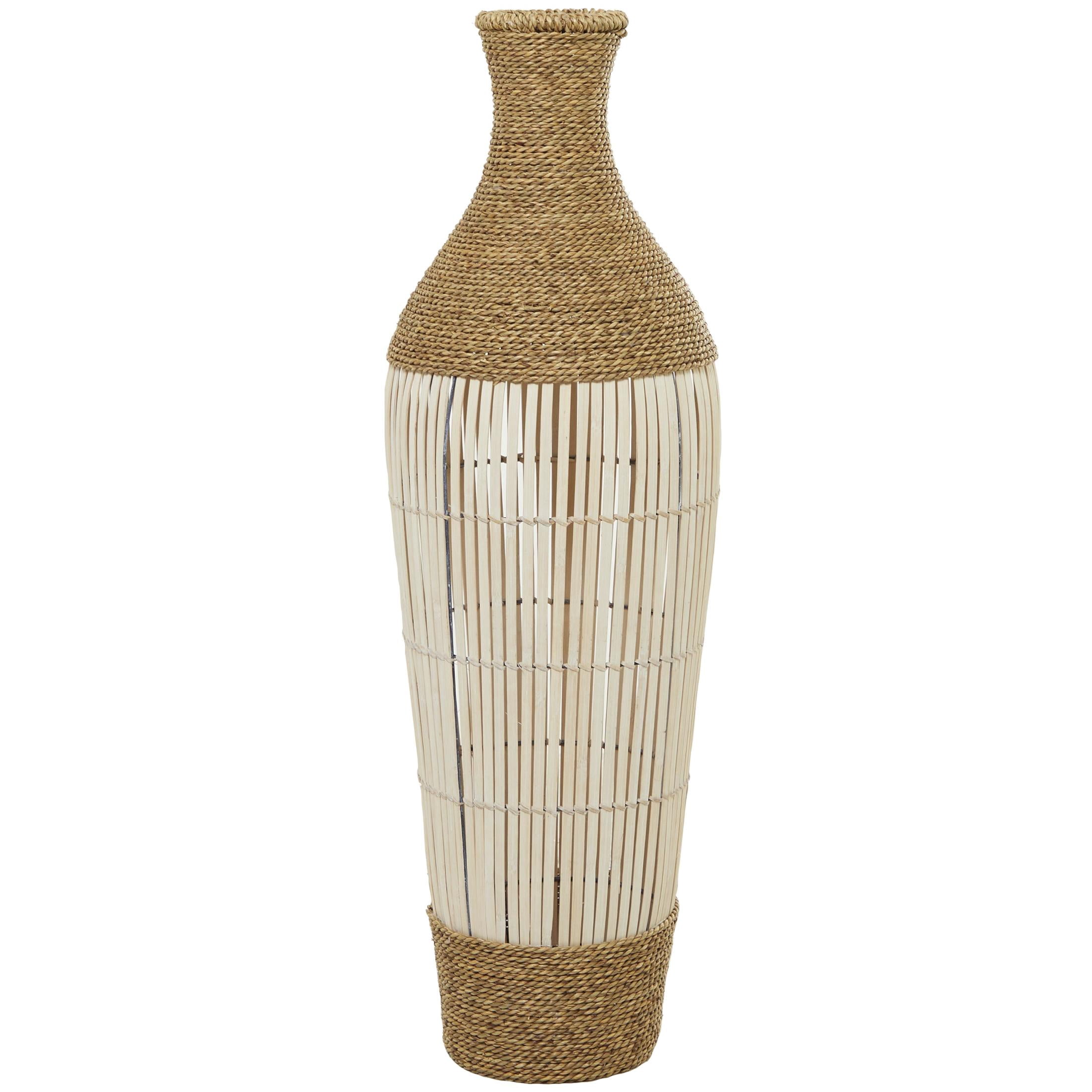 DecMode 40" Handmade Wrapped Tall Floor Brown Seagrass Vase with Cream Slatted Bamboo Center