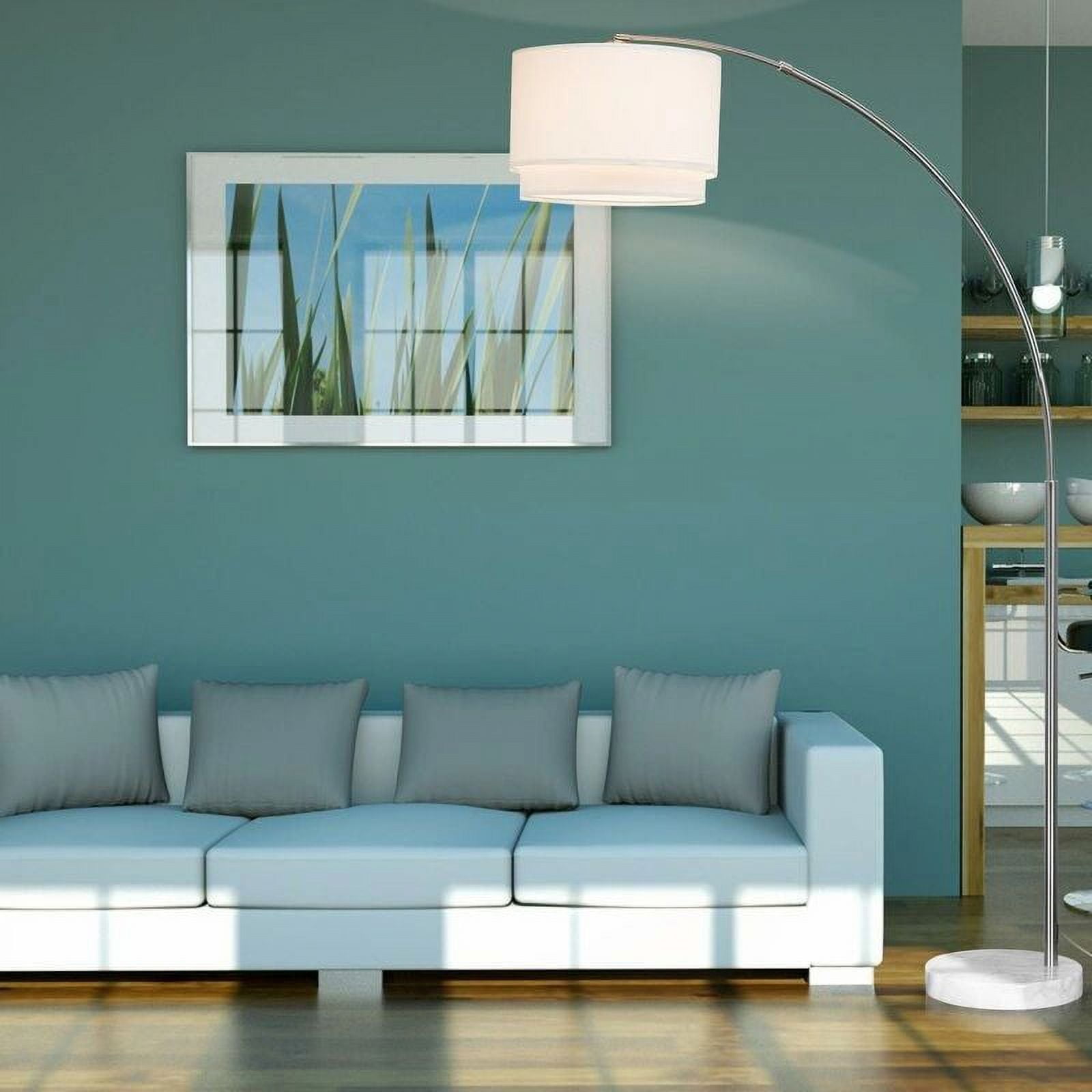 FC Design 81" Adjustable Height Arched Floor Lamp with White Double Drum Shade and White Marble Base