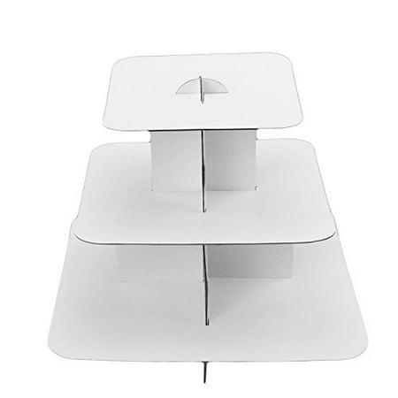 Ifavor123 White Square 3-Tier Cardboard Cupcake Stand Dessert Tower Treat Stacked Pastry Serving Platter Food Display (Pkg of