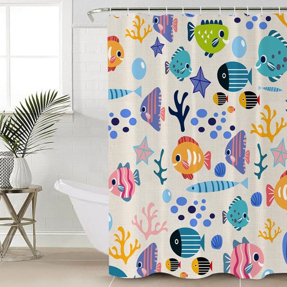 Polyester Fabric Coastal Shower Curtain, Colorful Cartoon Fish Coral Rustic, Waterproof Bathtub Curtain Bathroom Decor Set with Hooks 48 x 72 Inches,
