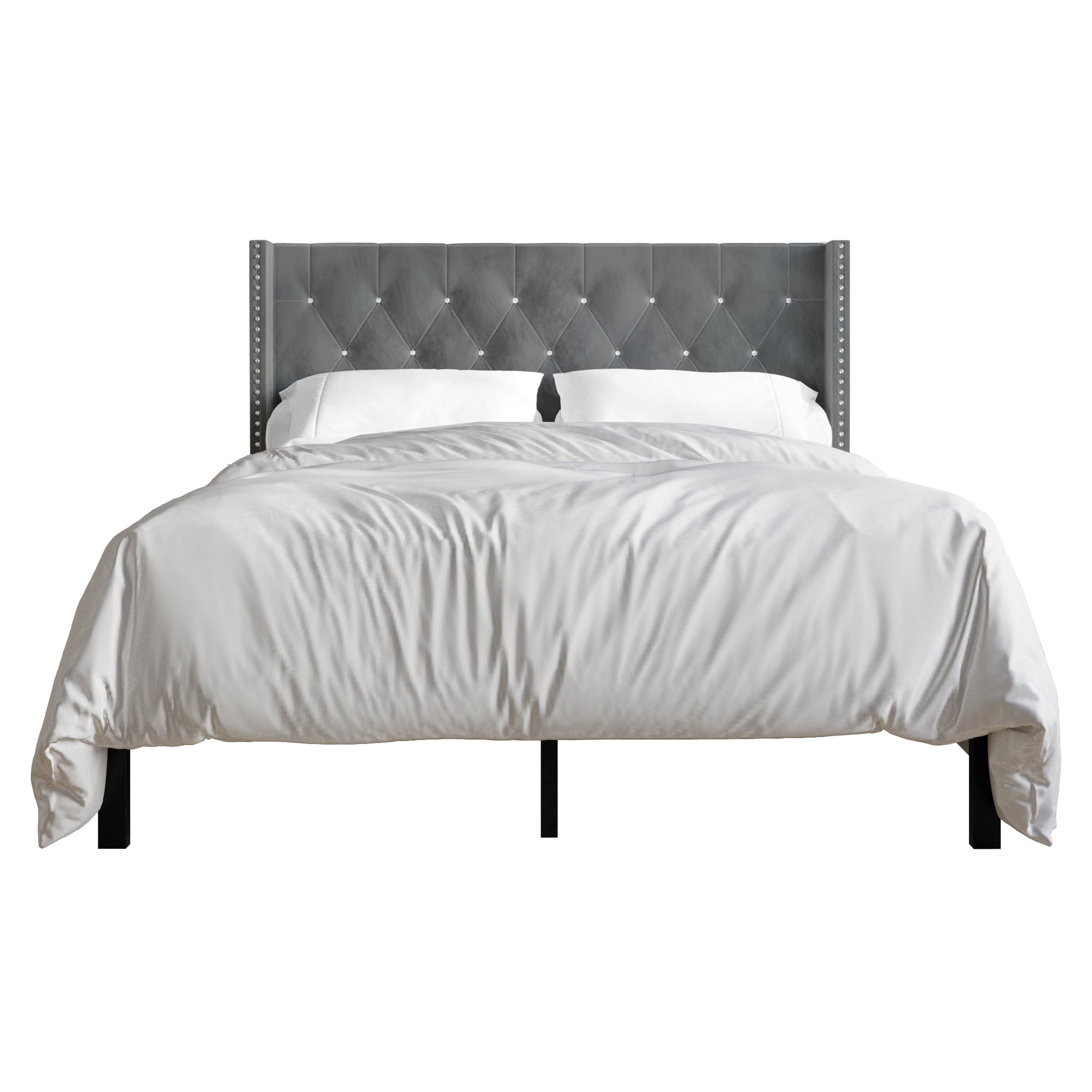 Castle Place Button Tufted Wingback Velvet Upholstered Bed, Light Grey, Queen