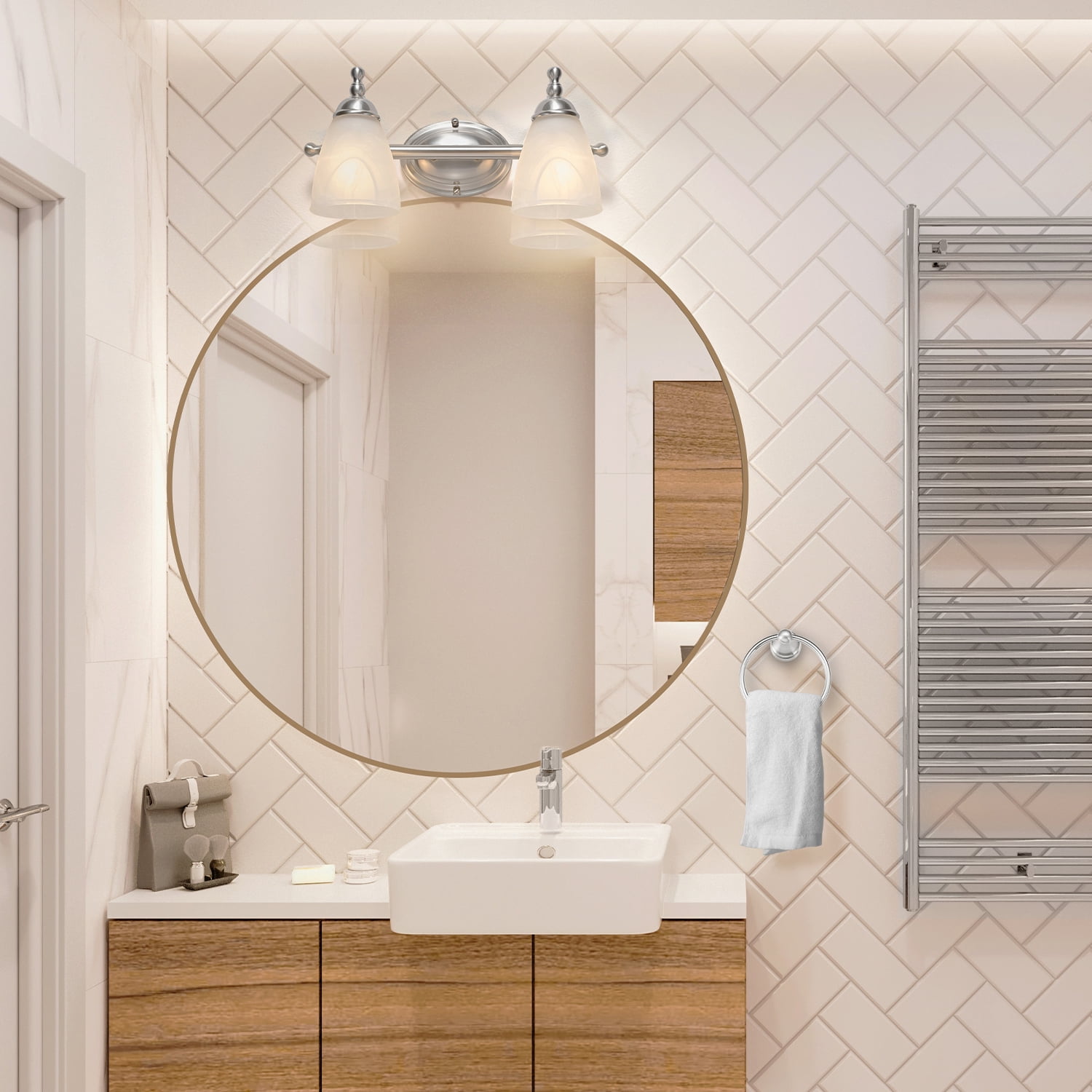 Globe Electric Satin Nickel Vanity Light Set with Alabaster Glass Shades