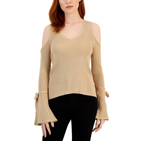 Women's Cold-Shoulder V-Neck Sweater Gold S