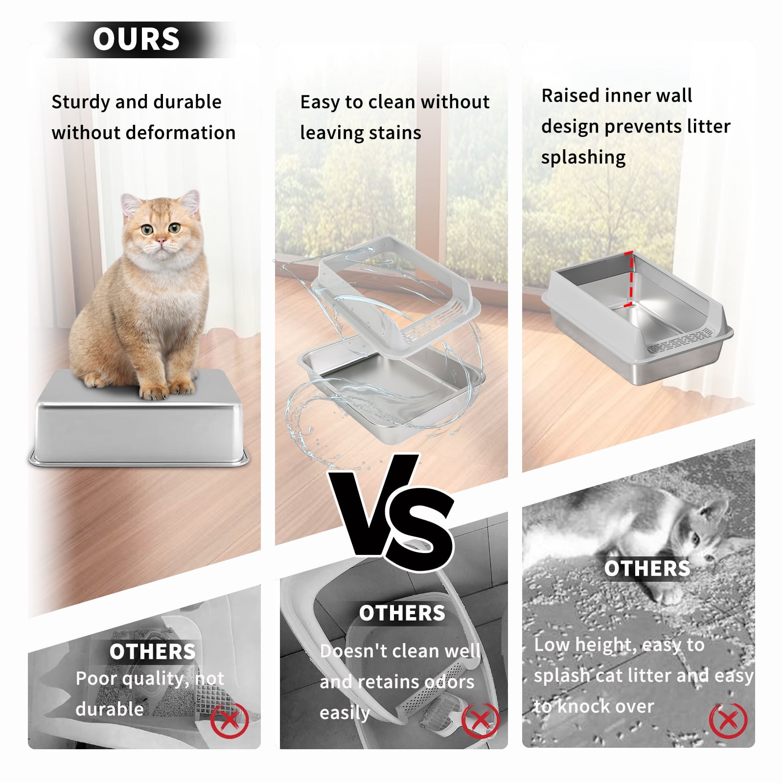 Stainless Steel Litter Box, Semi Enclosed High Side Cat Litter Box, Top Entry Litter Boxs for Senior Cats, Leak-Proof, Non-Sticky, Easy Clean, Ideal for Indoor Cats Kitten