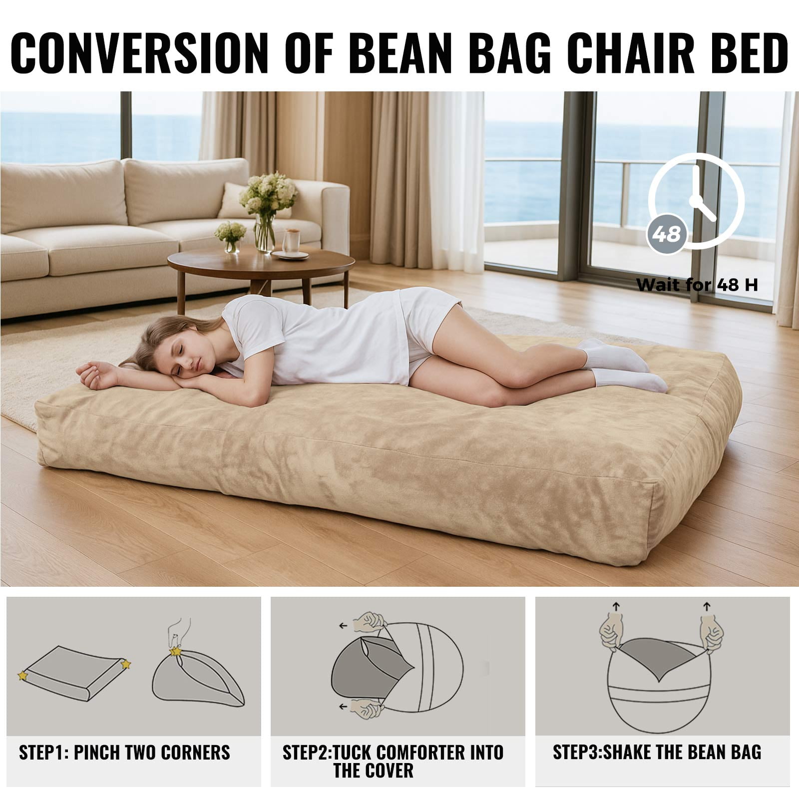 Bean Bag Chair,Convertible Bean Bag Chair Bed Giant Bean Bag Chairs for Adults Memory Foam Bean Bag Bed for Adults Bean Bags Chair that Turns into Bed