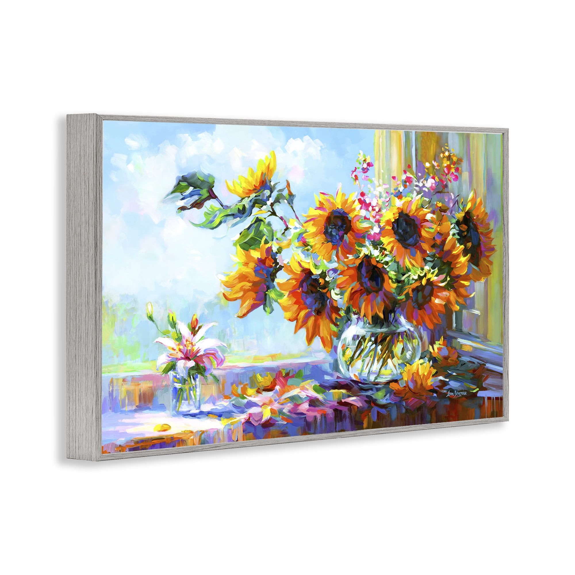 Stupell Industries Sunflowers Morning Glory Botanical & Floral Painting Gray Framed Art Print Wall Art, 30 x 20