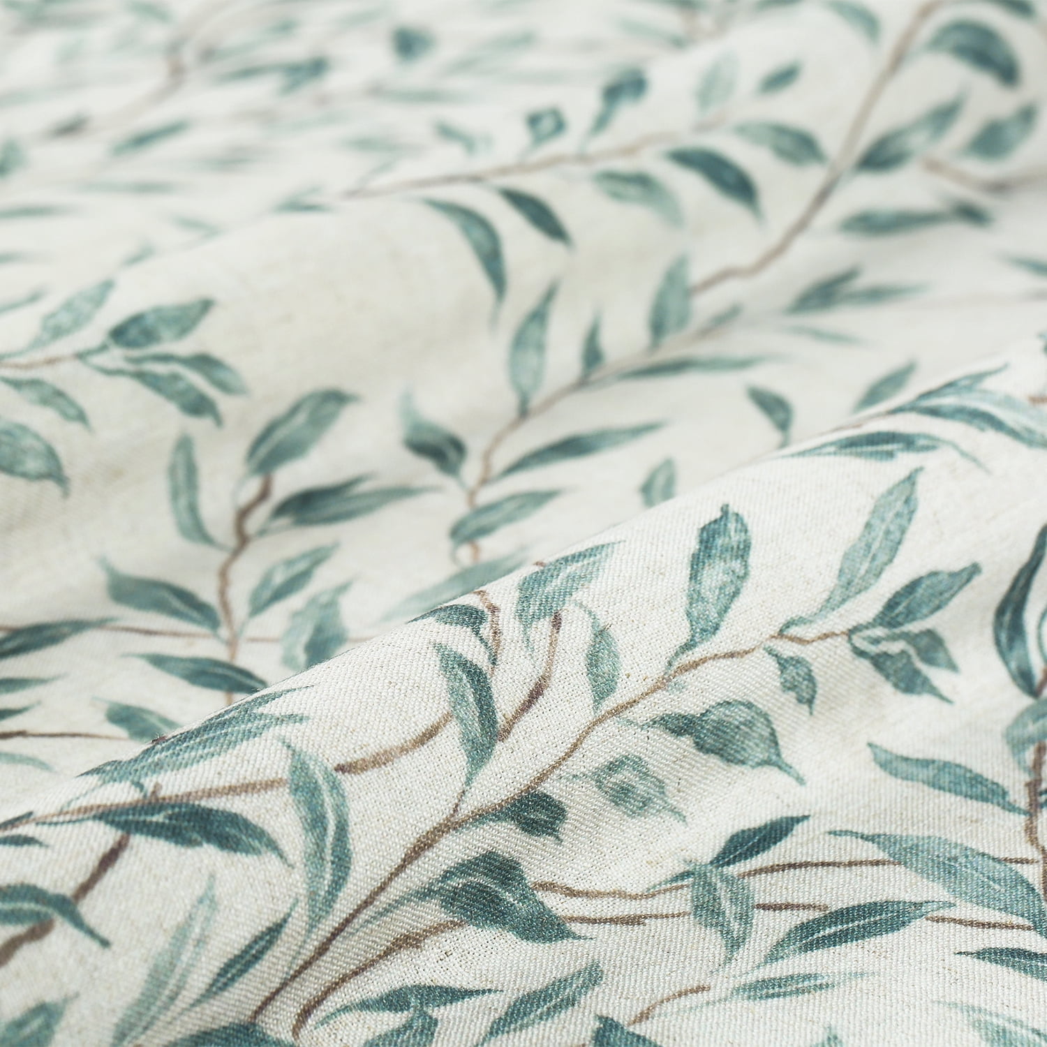 VOGOL Linen Textured Green Leaves Printed Window Drapes, Country Style Light Filtering Curtains for Bedroom, Grommets, W52"xL84", One Panel, Blue