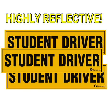 Zone Tech Set of 3 - Student Driver Magnets - Reflective Vehicle Car Sign-Black Letters on a Yellow Reflective Background 12 X 3 X 0.1