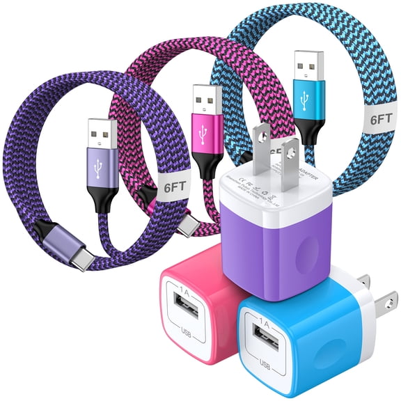 Charging Block, 3 Pack USB C Charger Block with 6FT Type C Cable, Type C Block USB C Brick Cube Wall Charger Adapter Power Base Fast Charger Station Compatible for iPhone Samsung Android, Mixed