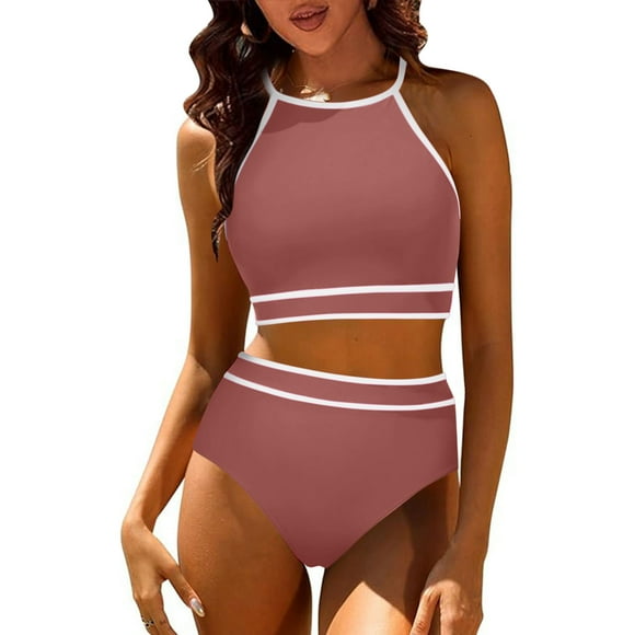 Weiqiqre Plus Size Swimsuit for Women Womens High Waist Bikini Sets Sporty Color Block Two Piece Swimsuits Scoop Neck Cheeky Bathing Suits