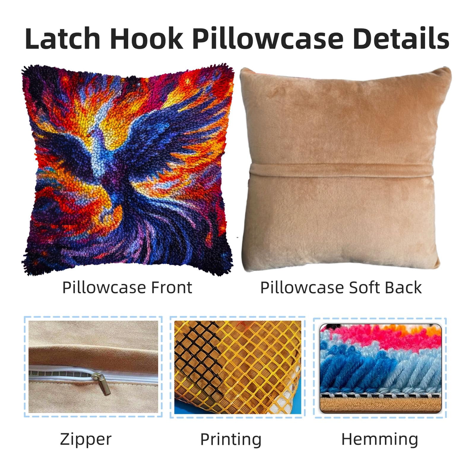Flying Bird in Fire DIY Latch Hook Pillow Kits for Adults Printed Pillowcase Crochet Yarns Hooking Handmade Pillow Cover Cushion for Home Sofa Decoration 17x17inch(2)