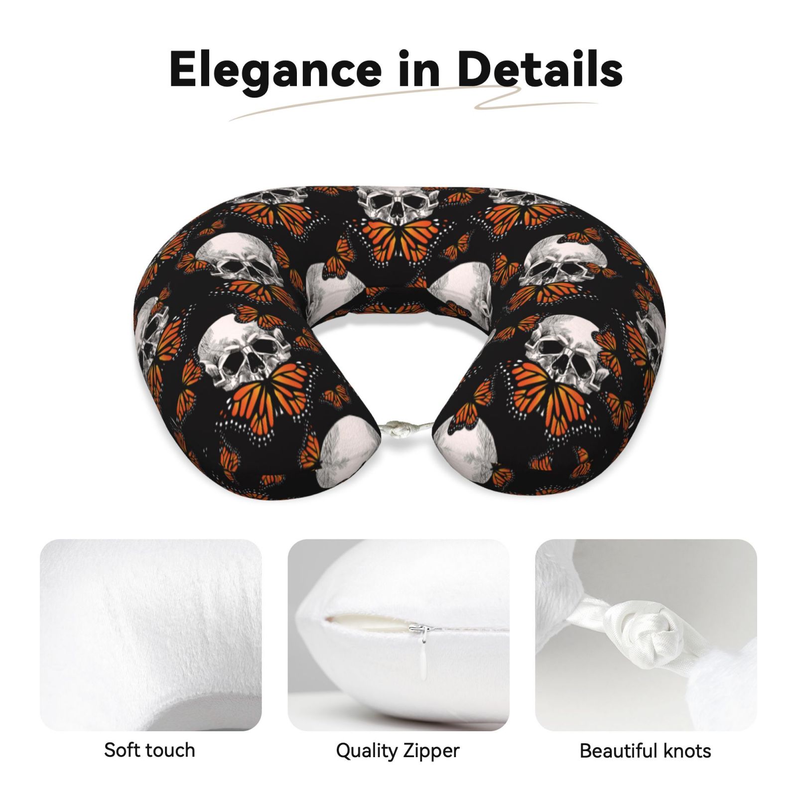 Xecao Butterfly Skull Print Memory Foam Cervical Neck Pillow Versatile U-Shaped Pillows for Home,Office,Camping,Travelling,Soft Washable Cover