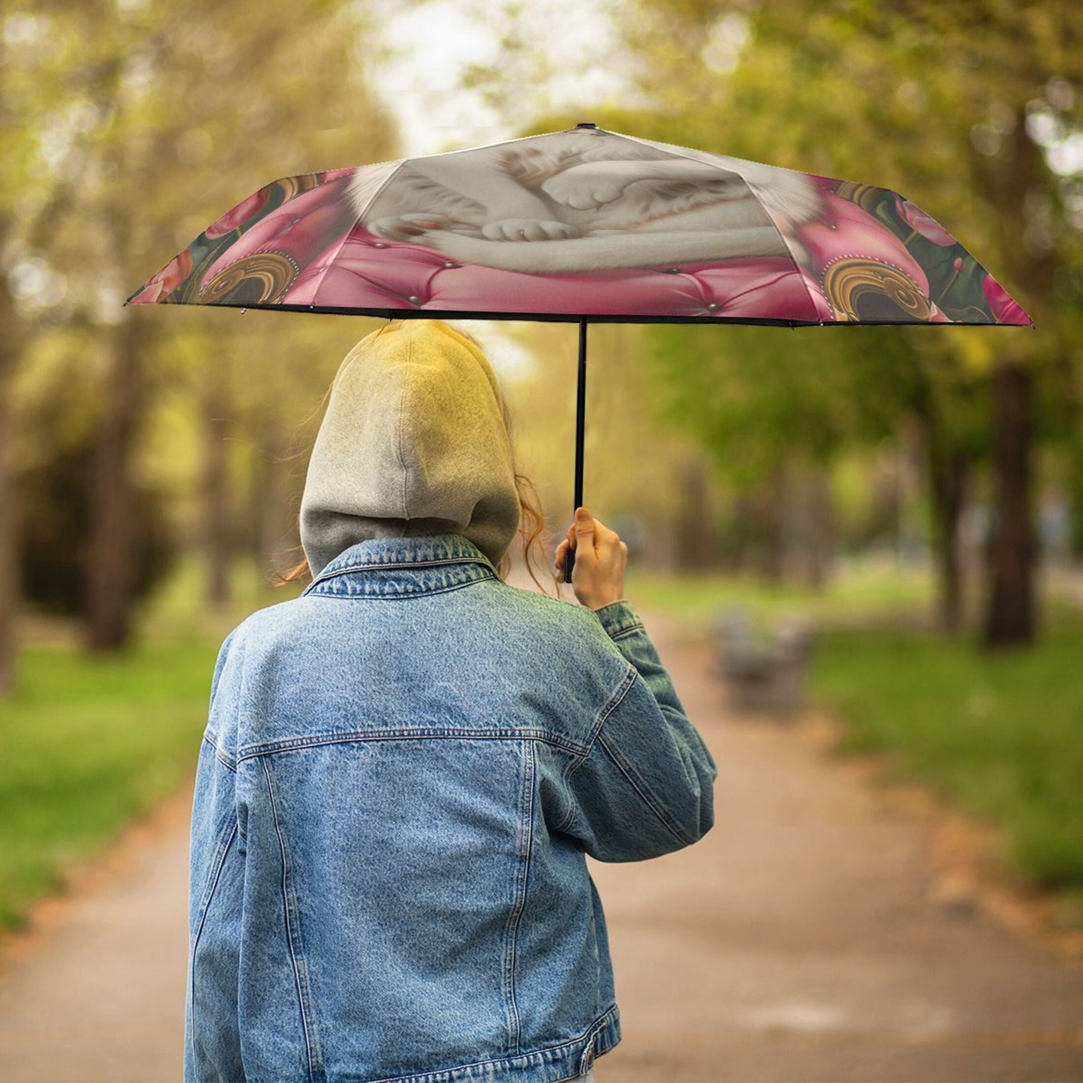Compact Sun Umbrella Windproof Travel Umbrellas for Rain Strong Portable UV Protection Elegant Cat and Tulip Flower