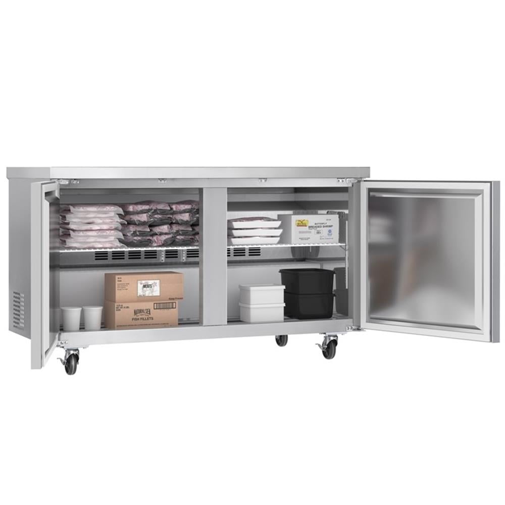 Pemberly Row 60" Two-Door Commercial Undercounter Freezer with Casters in Silver