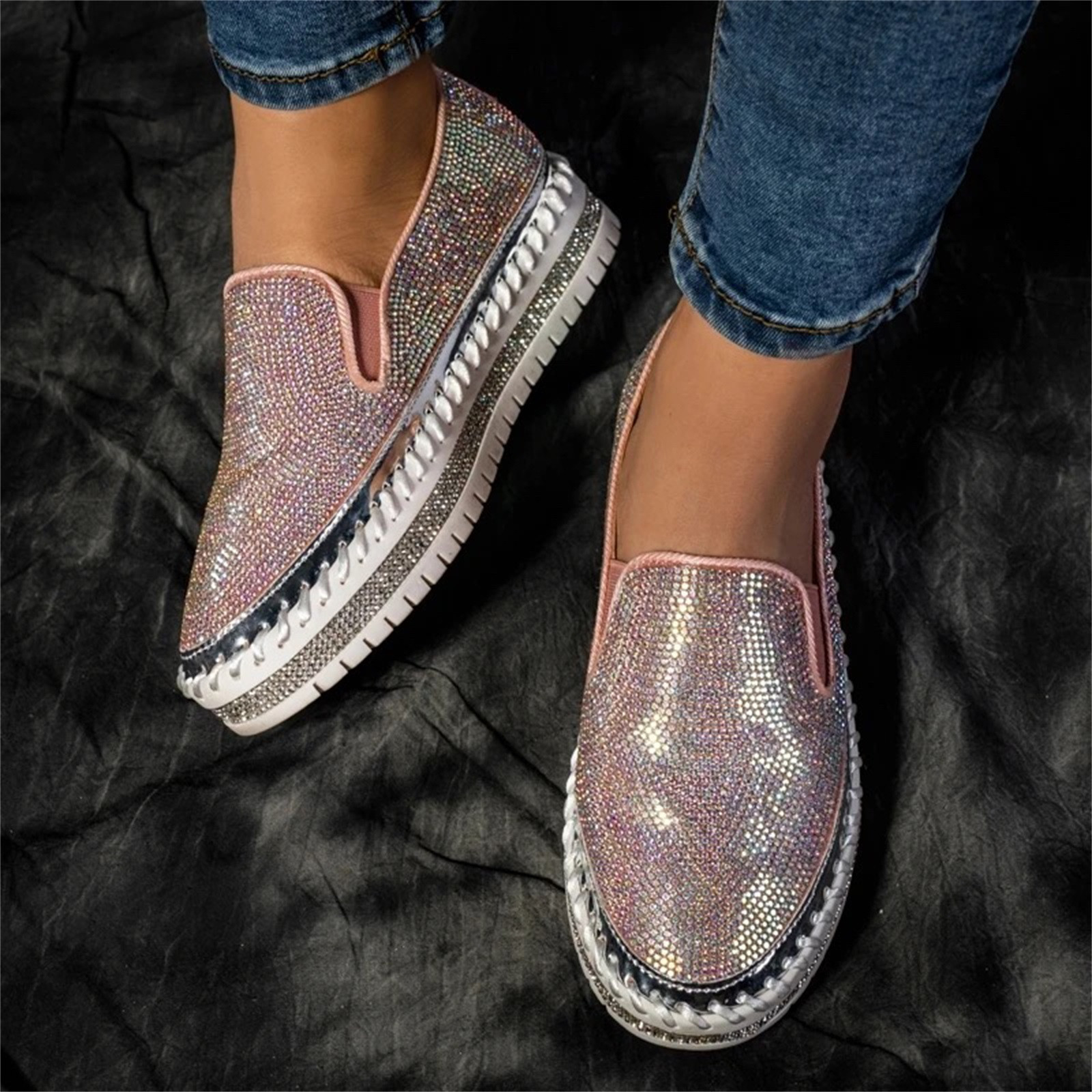 Miluxas Women Rhinestone Platform Loafers Clearance,Glitter Fashion ...