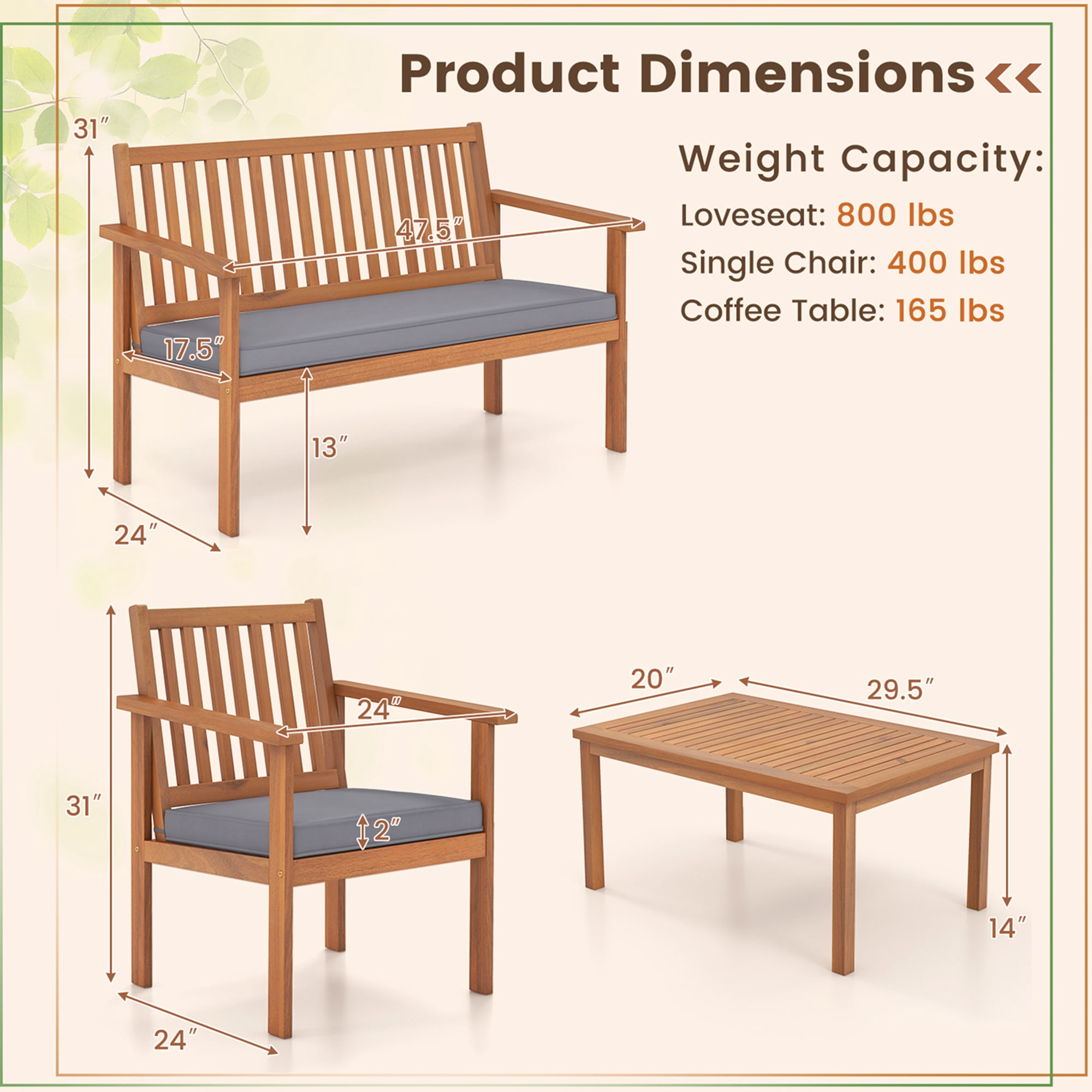 Costway 4 Pieces Patio Wood Furniture Set with Loveseat, Gray