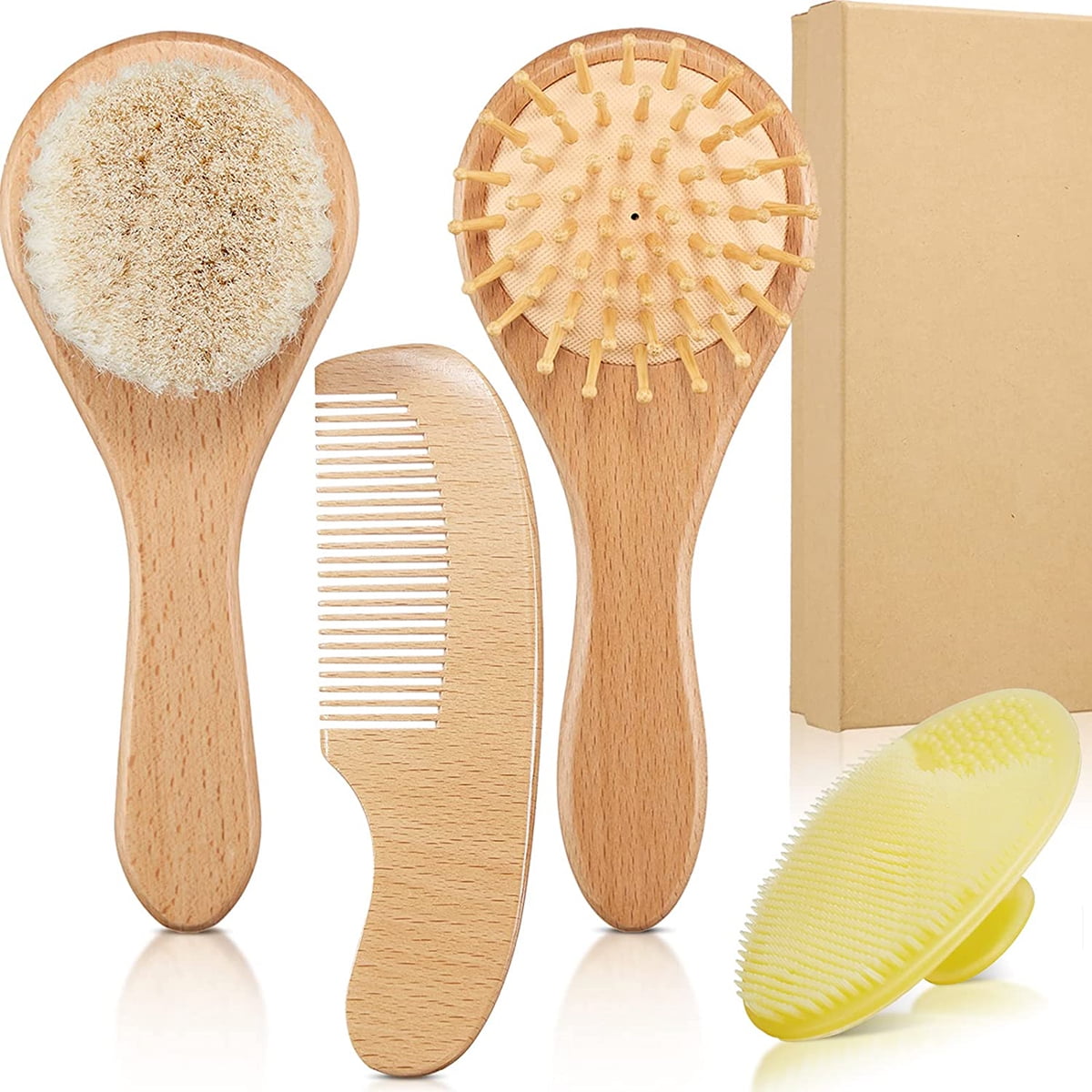 Anpro Baby Hairbrush and Comb Set, Newborn Infant Grooming Kits with Soft Goat Bristles for Baby