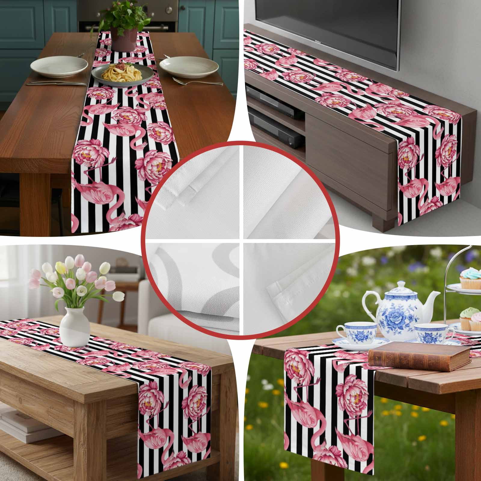 Tropical Pink Flamingo Flower Table Runner 90 Inches Long, White Black Modern Stripe Table Runners Tabletop Scarf Kitchen Dining Tables Decoration for Home Party Indoor Outdoor