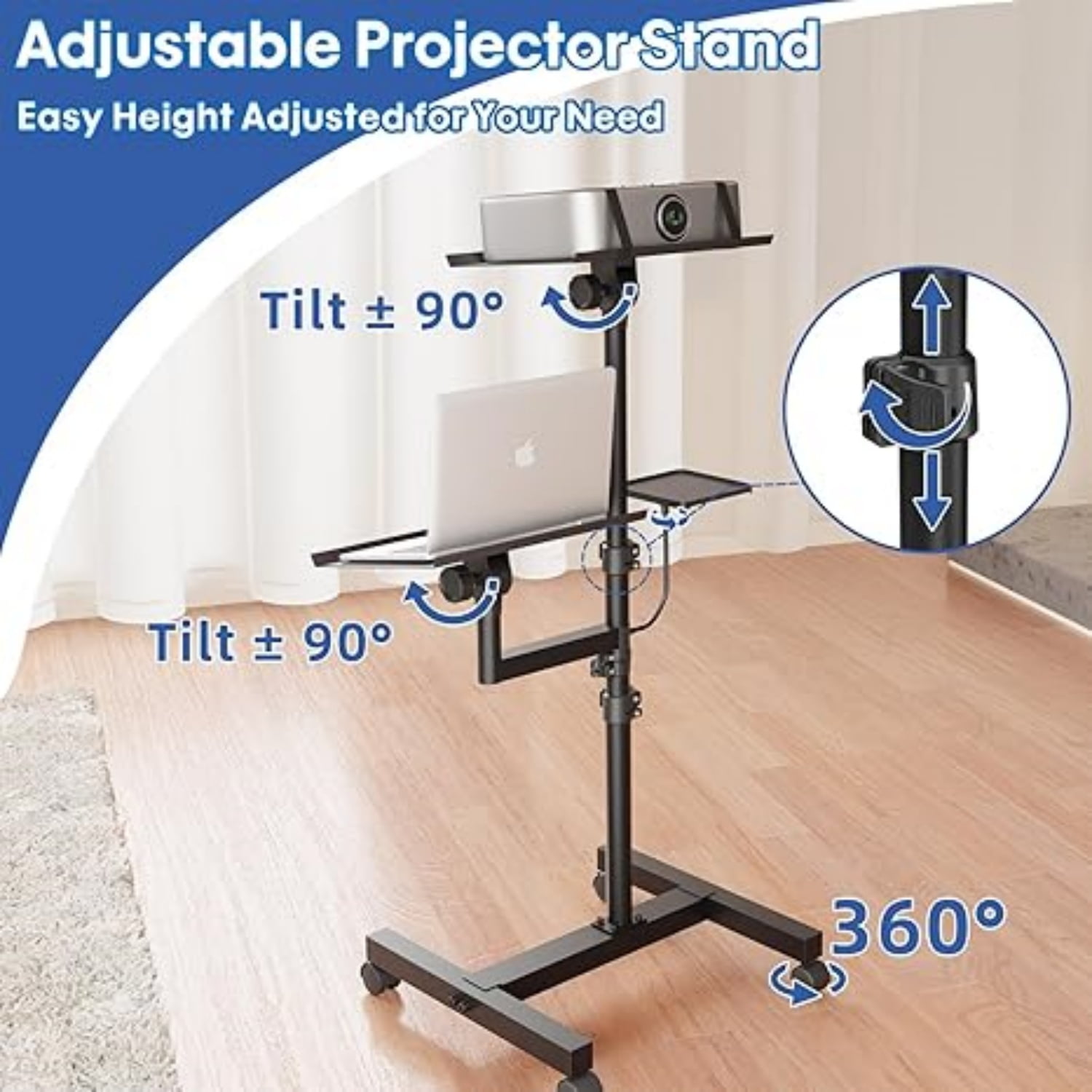 2 Shelves Mobile Projector Stand, Rolling Laptop Stand Adjustable Height to 47 Inches, Podium Stands with Ventilated Tray, Heavy Duty, Laptop Floor Stand for Office, Home, Stage