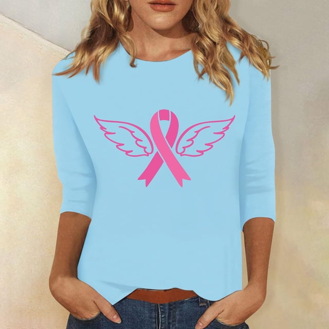 Jsaierl Hauts Graphiques à Ruban Rose pour Femmes, Chemises contre le Cancer du Sein, Manches 3/4, Col Rond, chandail-Over, T-Shirts de Lutte contre le Cancer, Blouses d'Octobre