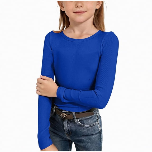 Hudaneo Girls Long Sleeve Shirts Kids Crewneck Tops Tees Activewear, Blue 5-6Y