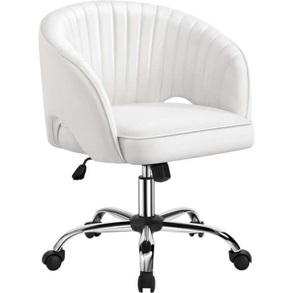 LLToo Home Office Chair, Faux Leather Desk Chair, Modern Swivel Chair with Tufted Barrel Back, Rolling Wheels for Office,Study, Vanity, Bedroom White