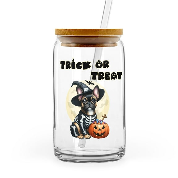 Trick or Treat French Bulldog Needs Candy Happy Halloween Night 16oz Glass Cup Mug Dog Lover Gifts Glass Can with Bamboo Lid and Straw - 02020