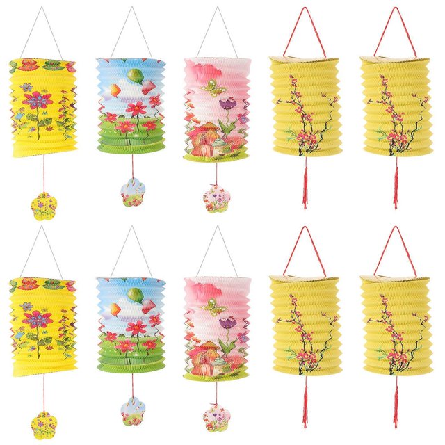 10pcs Portable Chinese Lanterns Organ Design Colored Paper Lantern Hanging Festival Lantern Party Supplies (Mixed Patterns)