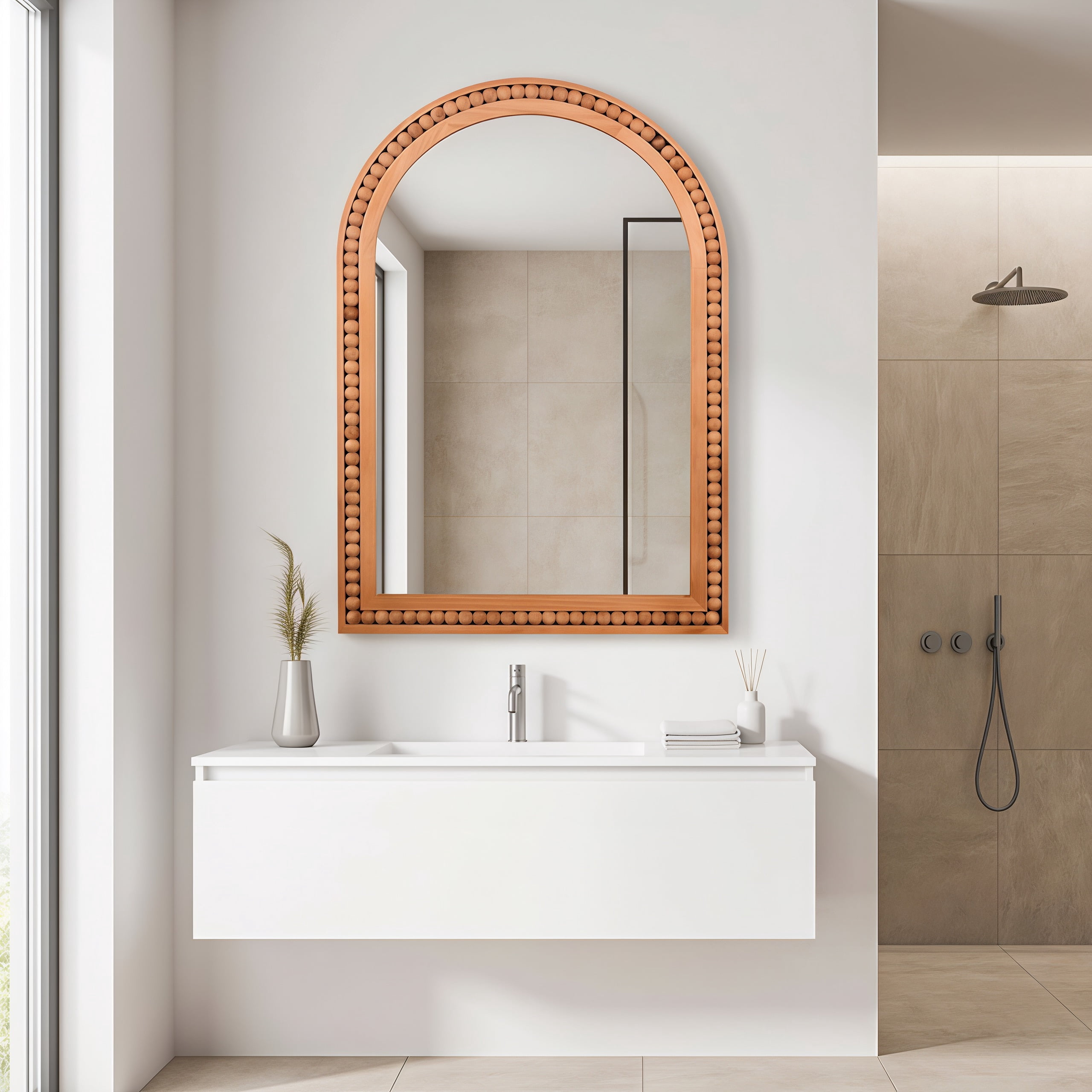 Leumius 36"x 24" Arched Bathroom Mirror Wall Mirror with Wooden Frame,Rustic Farmhouse Decor Mirror for Entryway, Bathroom & Living Room,Brown