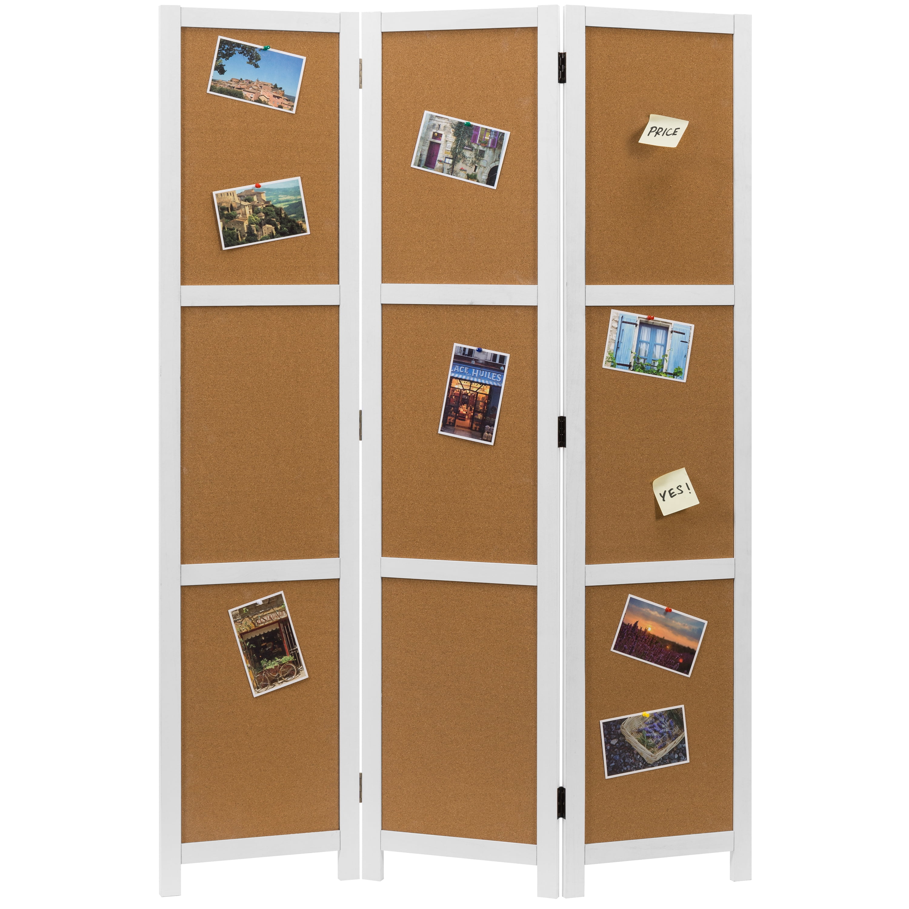MyGift 3Panel White Wood Framed Corkboard Style Folding Room Divider