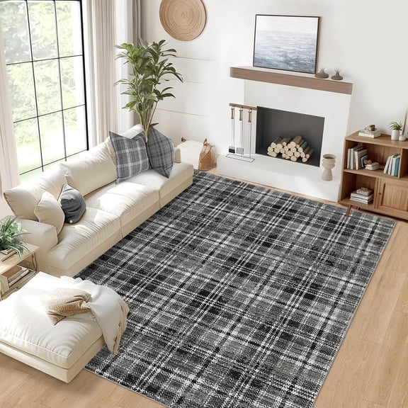 Black Grey 8x10 Non-slip Washable Plaid Living Room Rug