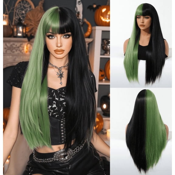 Mictong 28 inch long curly bangs wig, natural fluffy wavy wig, fashionable and cute bangs wig, soft high-temperature silk bangs wig, suitable for cosplay, 1 piece, Black and green