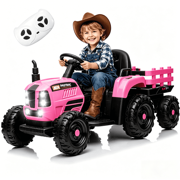 Xuanlur 24V Powered Ride on Tractor, 24 Volt Ride on Toys Car for Kids with Trailer, Max 5Mph, Remote Control, Music Player, Bluetooth, LED Light, 400W Power Car Wheels-Pink