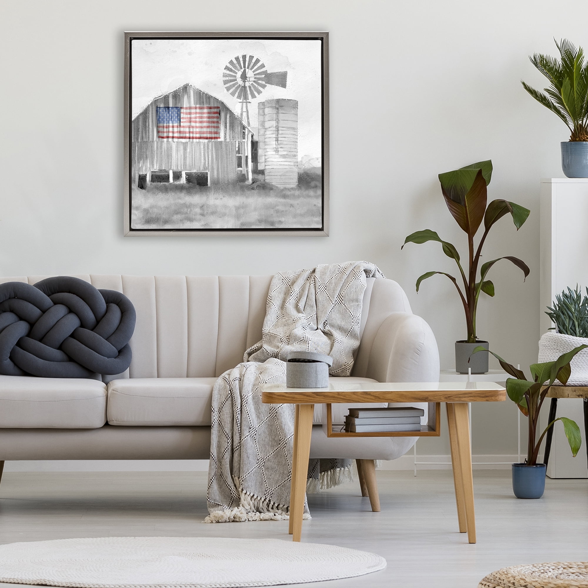 Stupell Industries Grandfather's Barn with Flag Gray Framed Floater Canvas Wall Art, design by Kim Allen