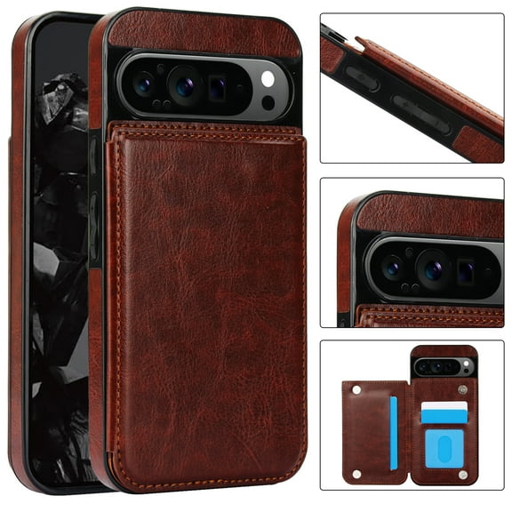 ELEHOLD Wallet Case for Google Pixel 10 /10 Pro Flip Back Card Holders Kickstand Function Magnetic Button Slim Lightweight Wallet Case for Google Pixel 10 /10 Pro ,Brown