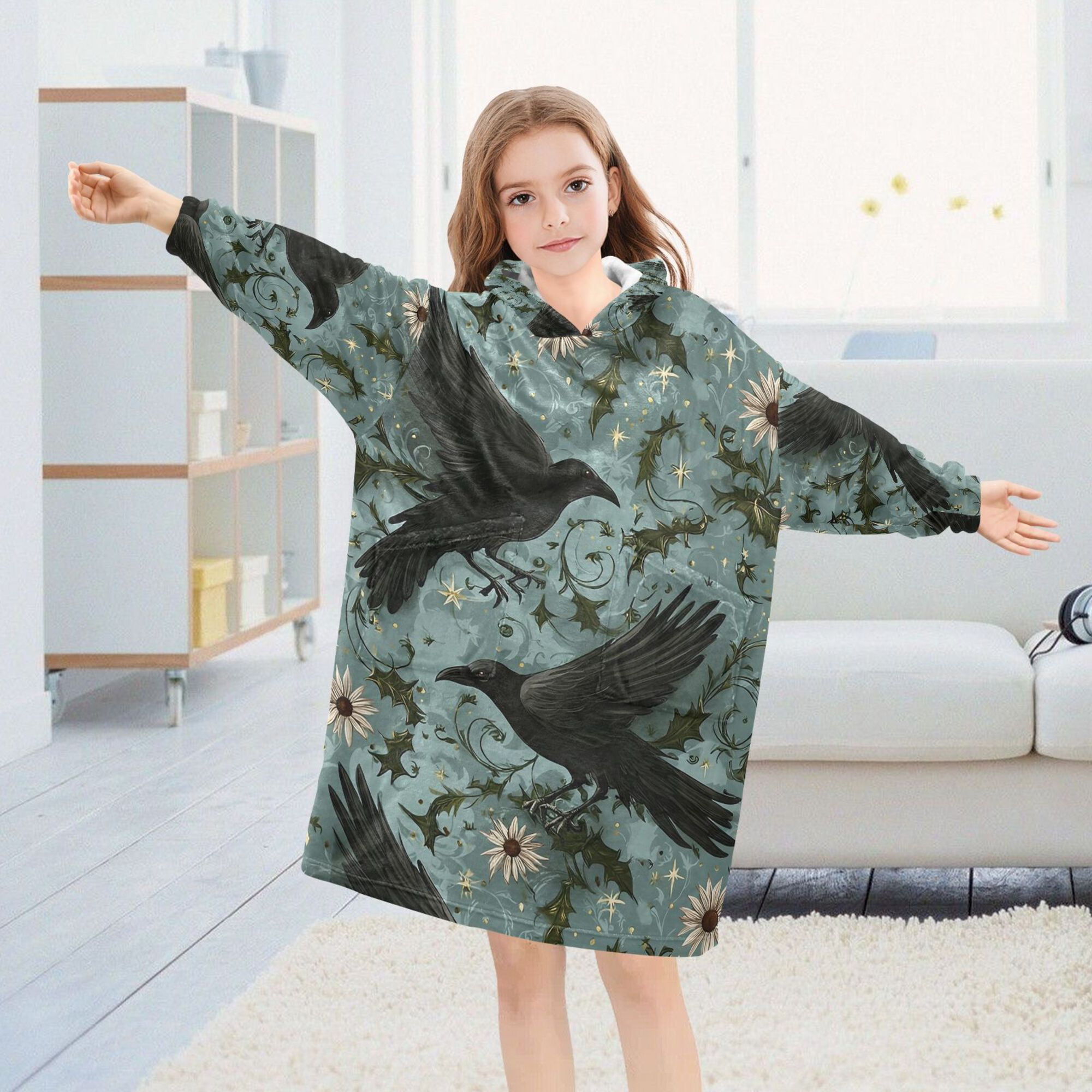 FORMRS Wearable Blanket Hoodie with Sleeves for Kids Cozy Flannel Sweatshirt, Mystic Crows Pattern