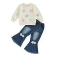 thumbnail image 2 of Loicainy Toddler Baby Girl Spring Fall Outfits 6 12 18 24 Months 2T 3T 4T Decorative Flowers Crew Neck Long Sleeve Sweatshirt and Flared Jeans 2 Pcs Kids Clothes Set, 2 of 10