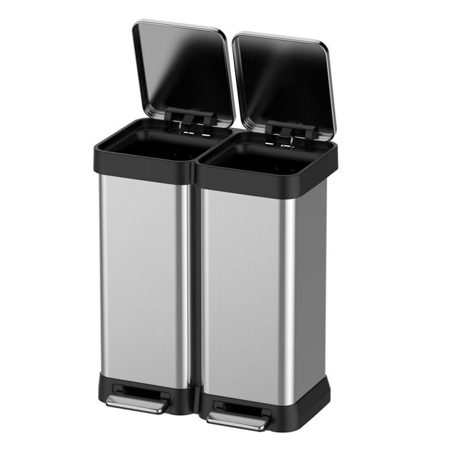 Dual Trash Can, Stainless Steel 2 x 8 Gal (2 x 30L) Garbage Can, Double Steel Pedal Recycle Bin with Lid and Inner Buckets, Rectangular Hands-Free Kitchen Trash Can