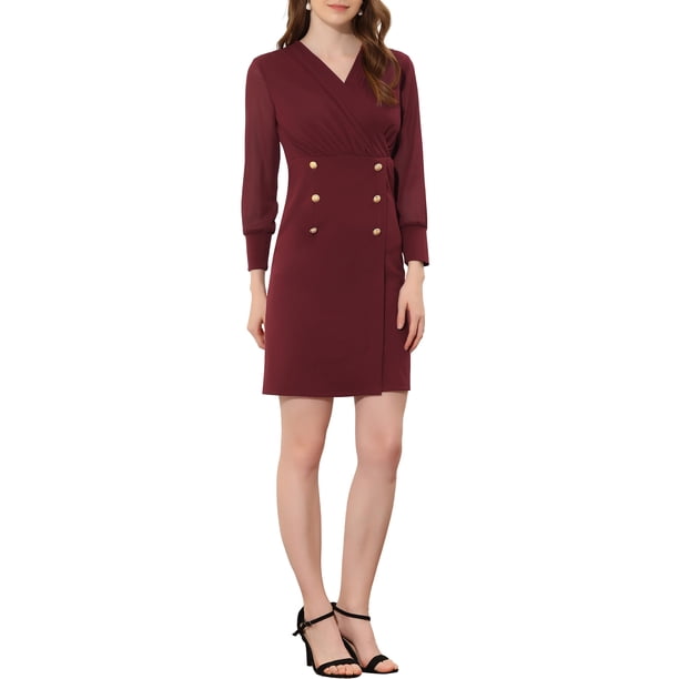 INSPIRE CHIC Vestido A-Line Elegante con Cuello en V y Decoración de Botones en Contraste para Mujeres en el Trabajo Color Rojo Vino