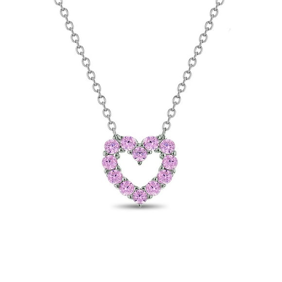 925 Sterling Silver Girl's 17" Pink Cubic Zirconia Open Heart Pendant Necklace