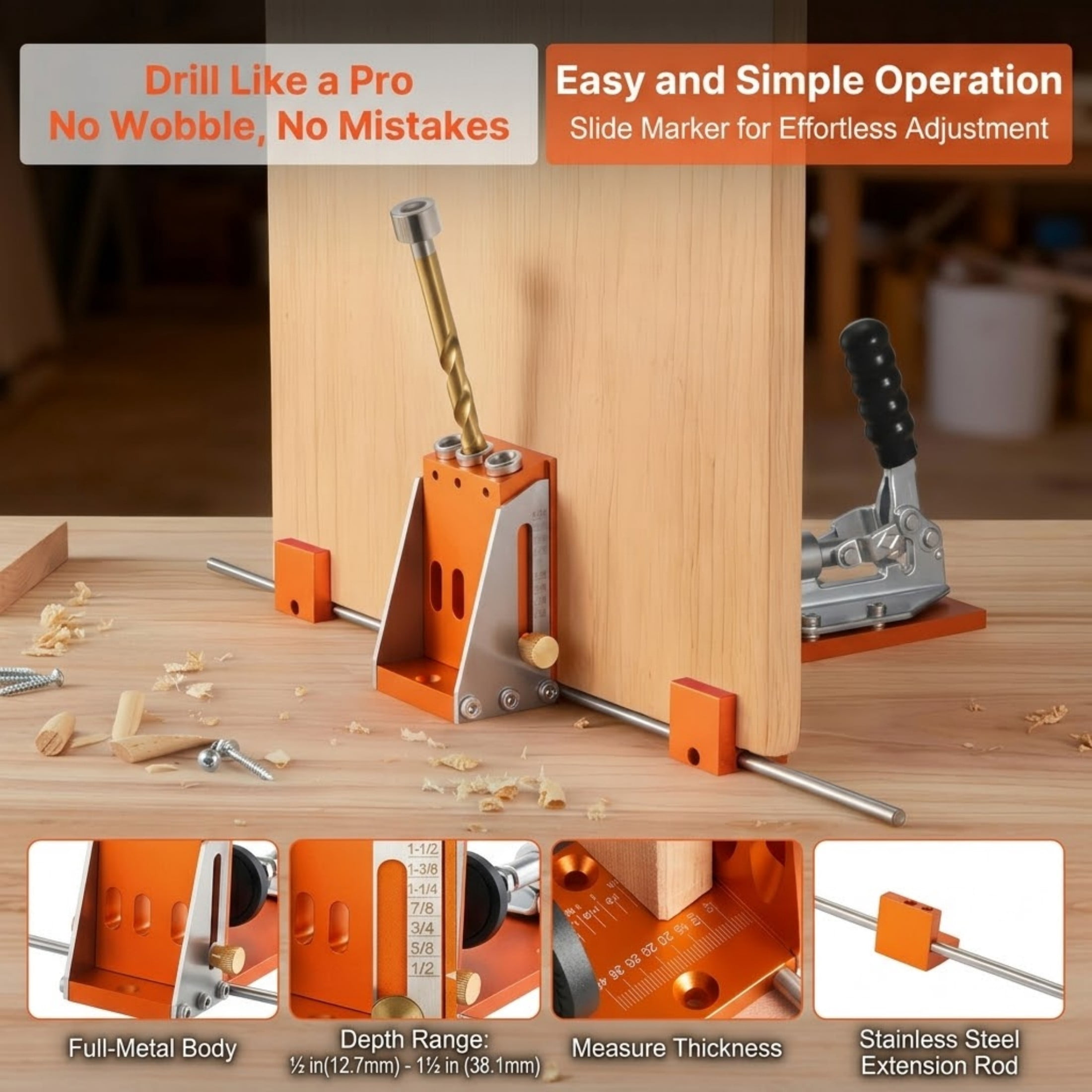 Pocket Hole Jig Kit, Adjustable 1/2" to 1-1/2" Woodworking Drill Guide System with Reinforced Metal Frame, Includes C-Clamp, Step Drill Bit and Toolcase