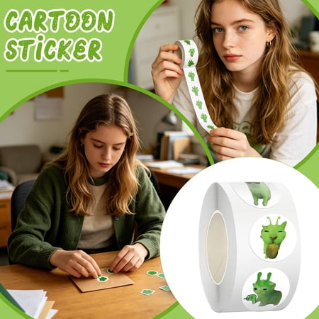 500 PCS Funny Alien Green Cat Roll Stickers for Scrapbooking 0.7-inch Self-Adhesive Cartoon Decals for Journals Gift Envelopes and DIY Crafting Projects
