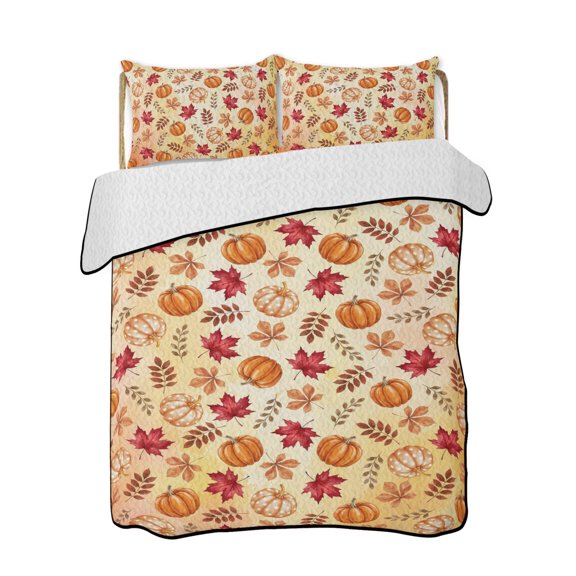 Orange Pumpinks Quilts Bedding Set Twin Size Fall Rustic Polka Dot Pumpink Red Leaf Yellow Lightweight Quilted Bedspread 3 Piece Bed Quilt with 2 Pillow Shams All Season for Bedroom 68" x 86"